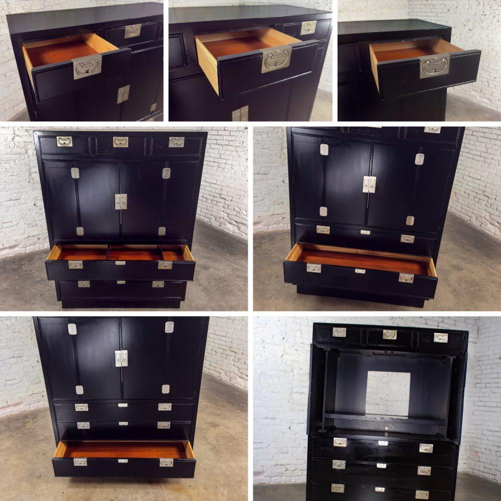 Mid to Late 20th Century Modern Campaign Henredon Black Entertainment Cabinet or Armoire