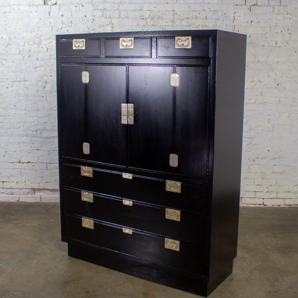 Mid to Late 20th Century Modern Campaign Henredon Black Entertainment Cabinet or Armoire