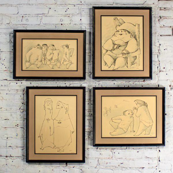 1968 Fine Art Prints by Alfonso Vila Shum Framed Sketches Set of 4 Unsigned