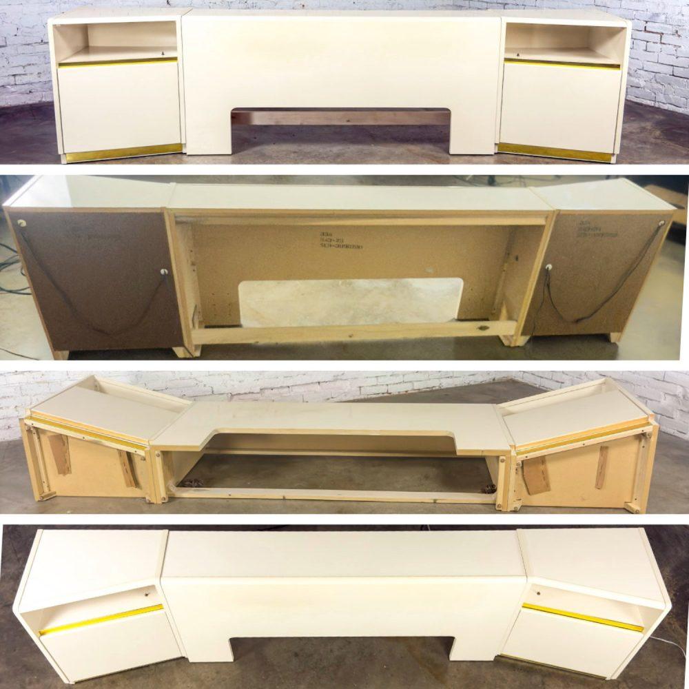1990’s Modern to Postmodern Lane Furniture Queen Size Bed Headboard w/Nightstands White Lacquer & Brass