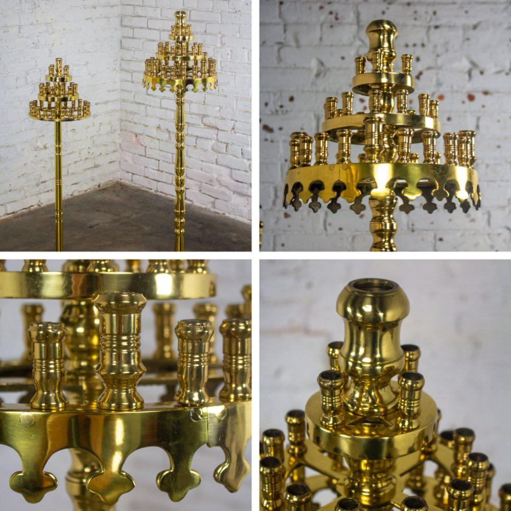 20th Century Gothic Style Solid Cast Brass Tiered Floor Standing Candelabra Tripod Bases a Pair