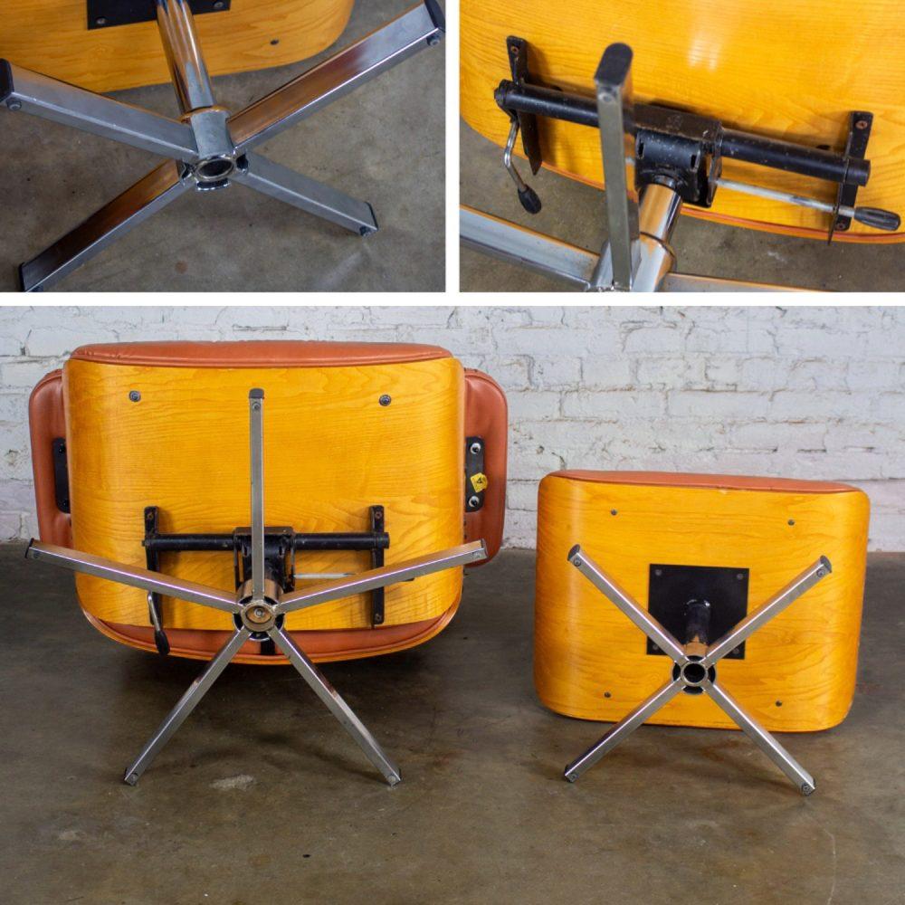 MCM Style Mid to Late 20th Century Plycraft Lounge Chair & Ottoman in Saddle Color Italian Leather