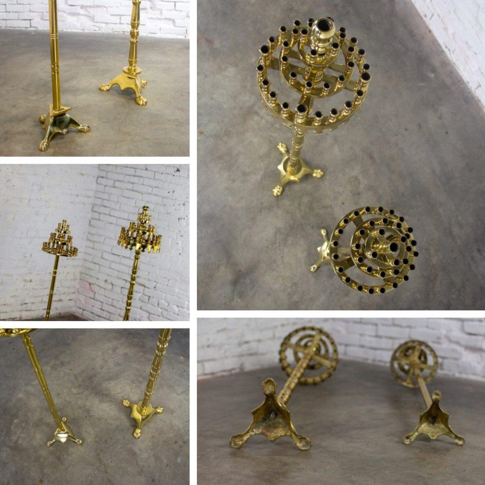 20th Century Gothic Style Solid Cast Brass Tiered Floor Standing Candelabra Tripod Bases a Pair