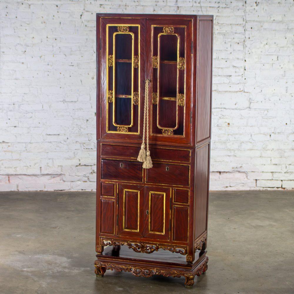 Late 19th to Early 20th Century Chinese Hand Carved & Gilded 3 Part Stacking Display or China Cabinet