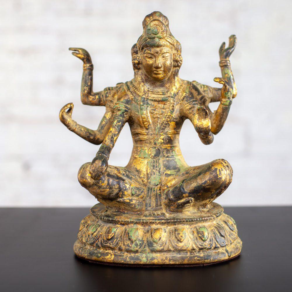20th Century Asian Gilded & Patinated Cast Iron 6-Armed Deity Vasudhara Buddhist Sculpture
