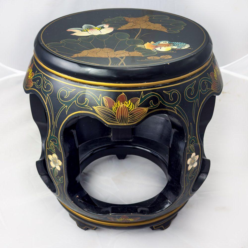 Late 20th Century Chinoiserie Chinese Garden Stool or Small Side Table Black Lacquer w/Asian Details