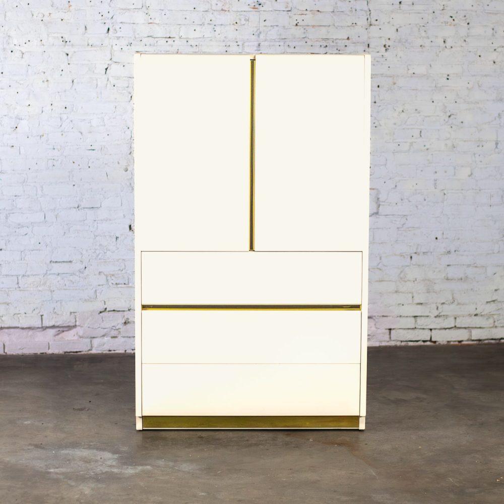 1990’s Modern to Postmodern Lane Furniture Wardrobe or Entertainment Center White Lacquer & Brass Trim