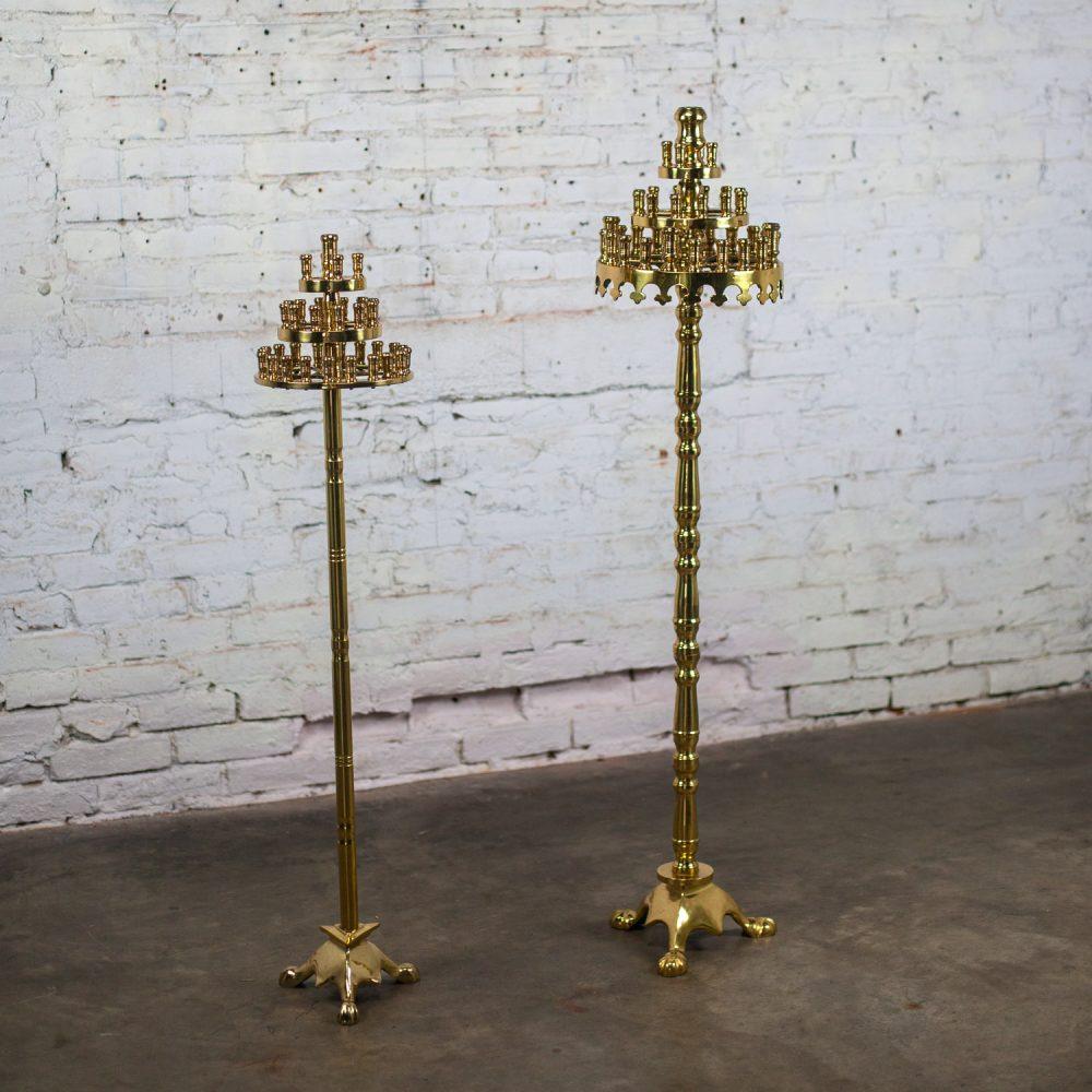 20th Century Gothic Style Solid Cast Brass Tiered Floor Standing Candelabra Tripod Bases a Pair