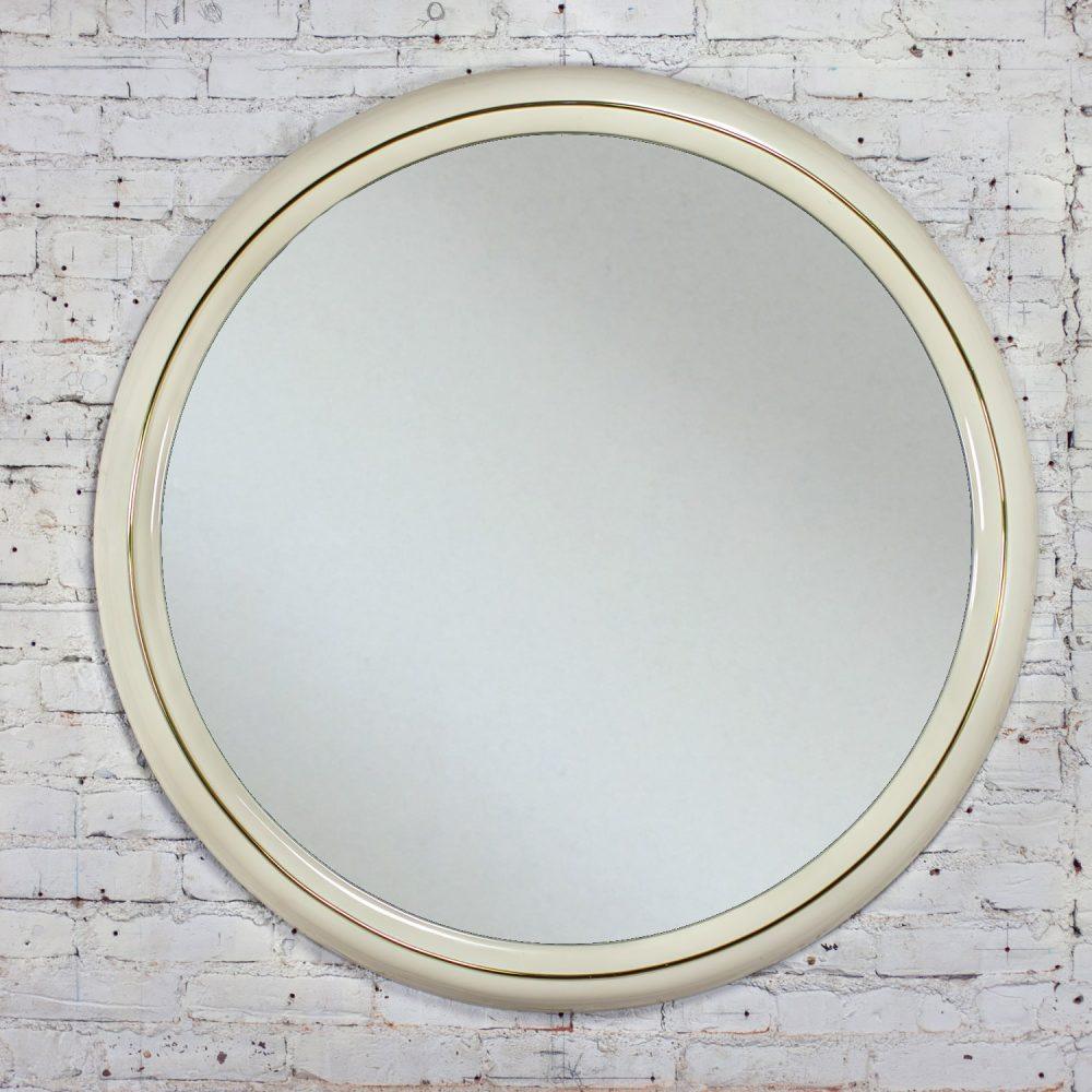 1990’s Modern to Postmodern Lane Furniture White Lacquer & Brass Trim Round Wall Mirror