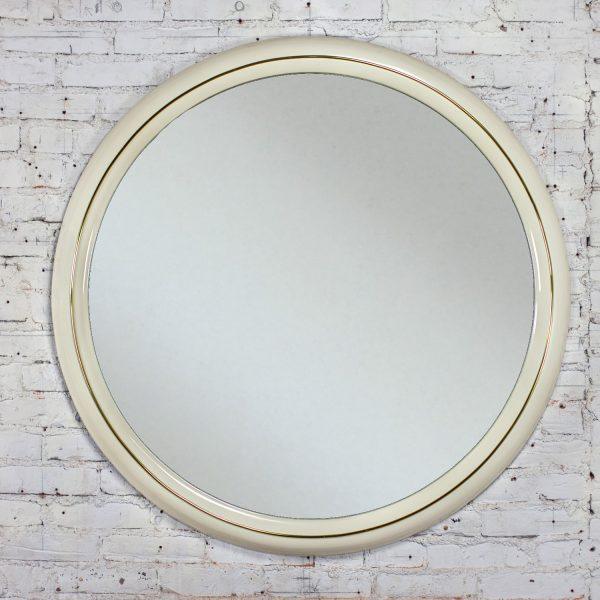1990’s Modern to Postmodern Lane Furniture White Lacquer & Brass Trim Round Wall Mirror