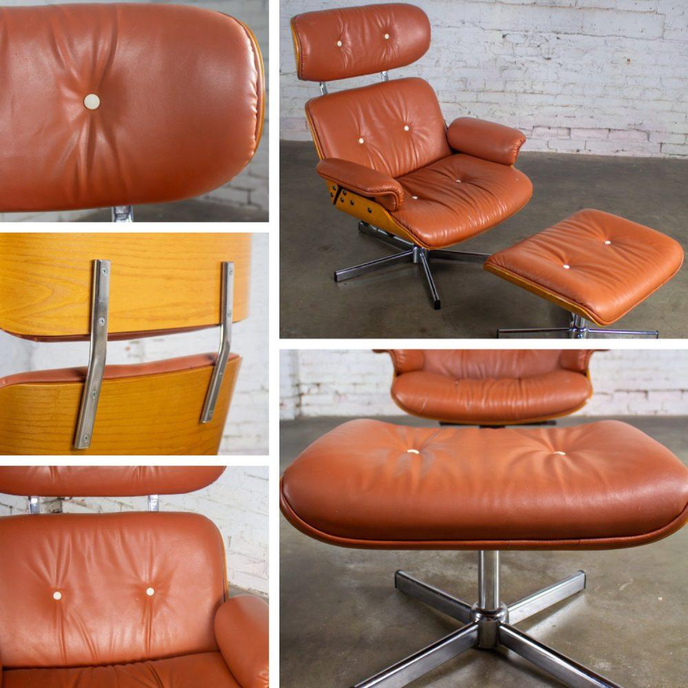 MCM Style Mid to Late 20th Century Plycraft Lounge Chair & Ottoman in Saddle Color Italian Leather