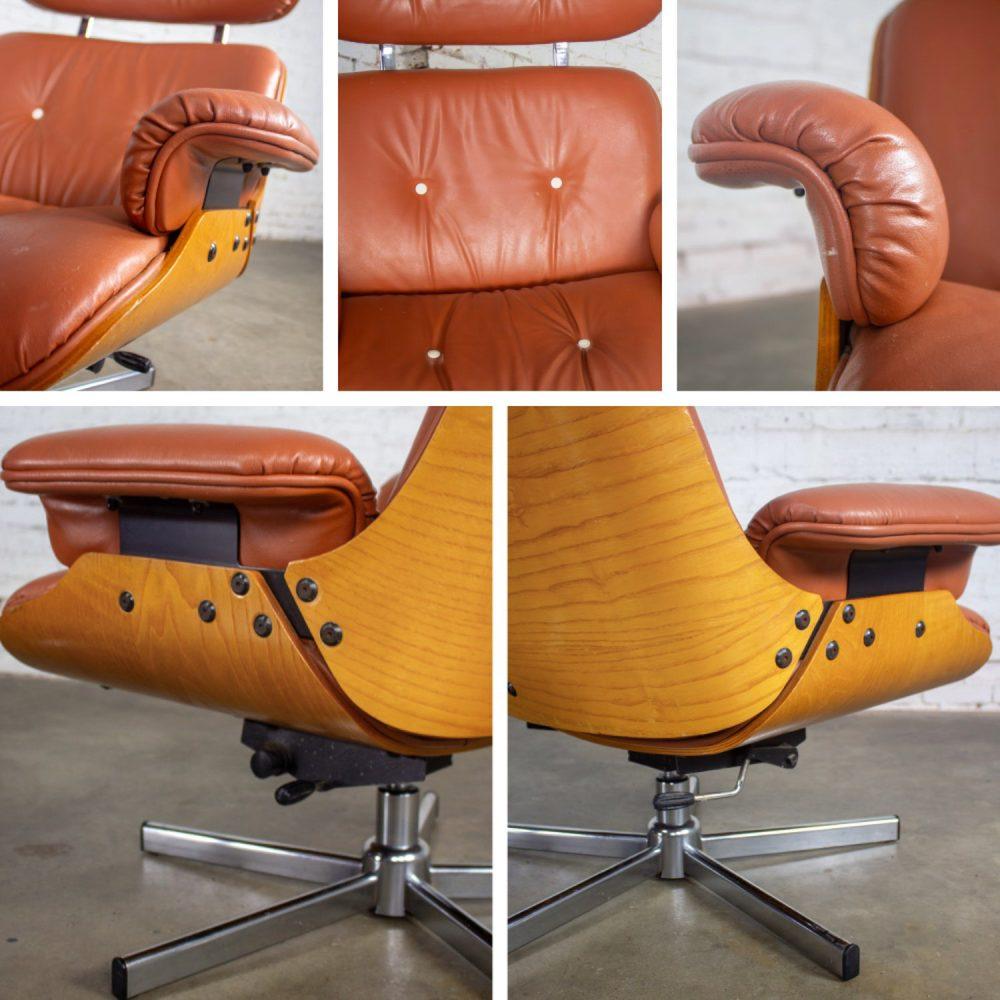 MCM Style Mid to Late 20th Century Plycraft Lounge Chair & Ottoman in Saddle Color Italian Leather