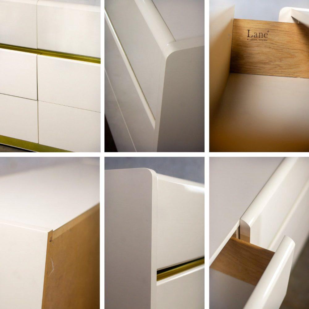 1990’s Modern to Postmodern Lane Furniture 6 Drawer Dresser or Buffet White Lacquer & Brass Trim
