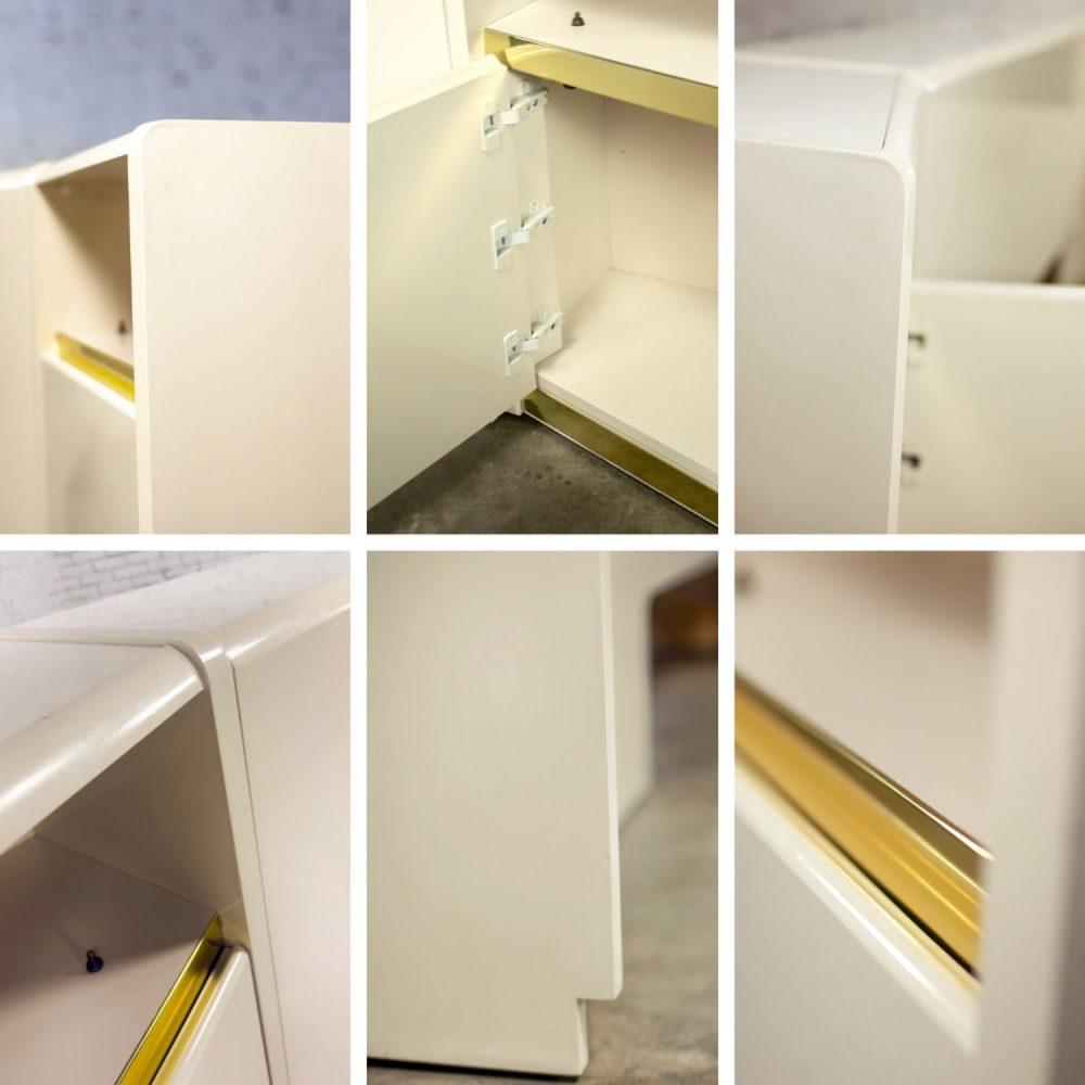 1990’s Modern to Postmodern Lane Furniture Queen Size Bed Headboard w/Nightstands White Lacquer & Brass