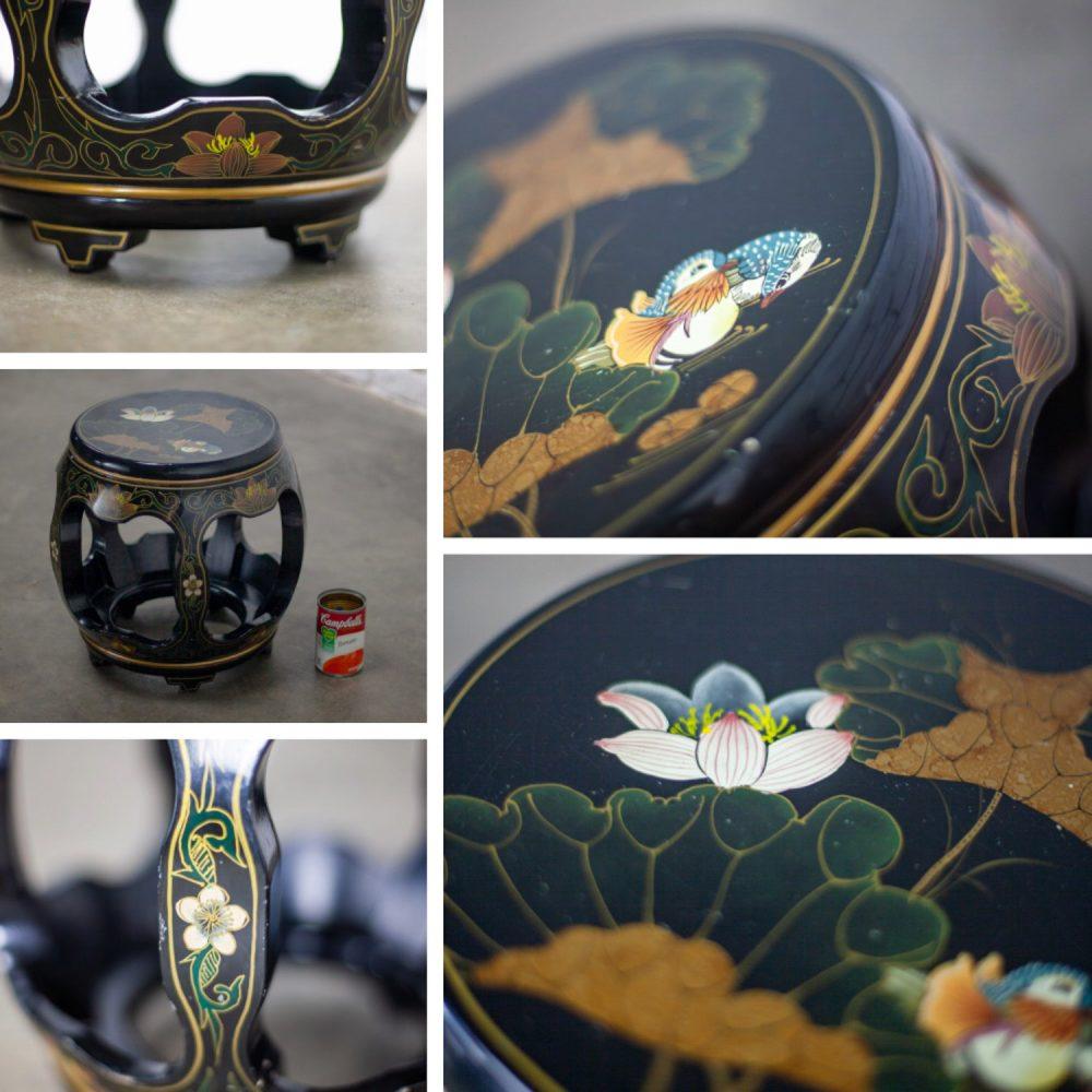 Late 20th Century Chinoiserie Chinese Garden Stool or Small Side Table Black Lacquer w/Asian Details