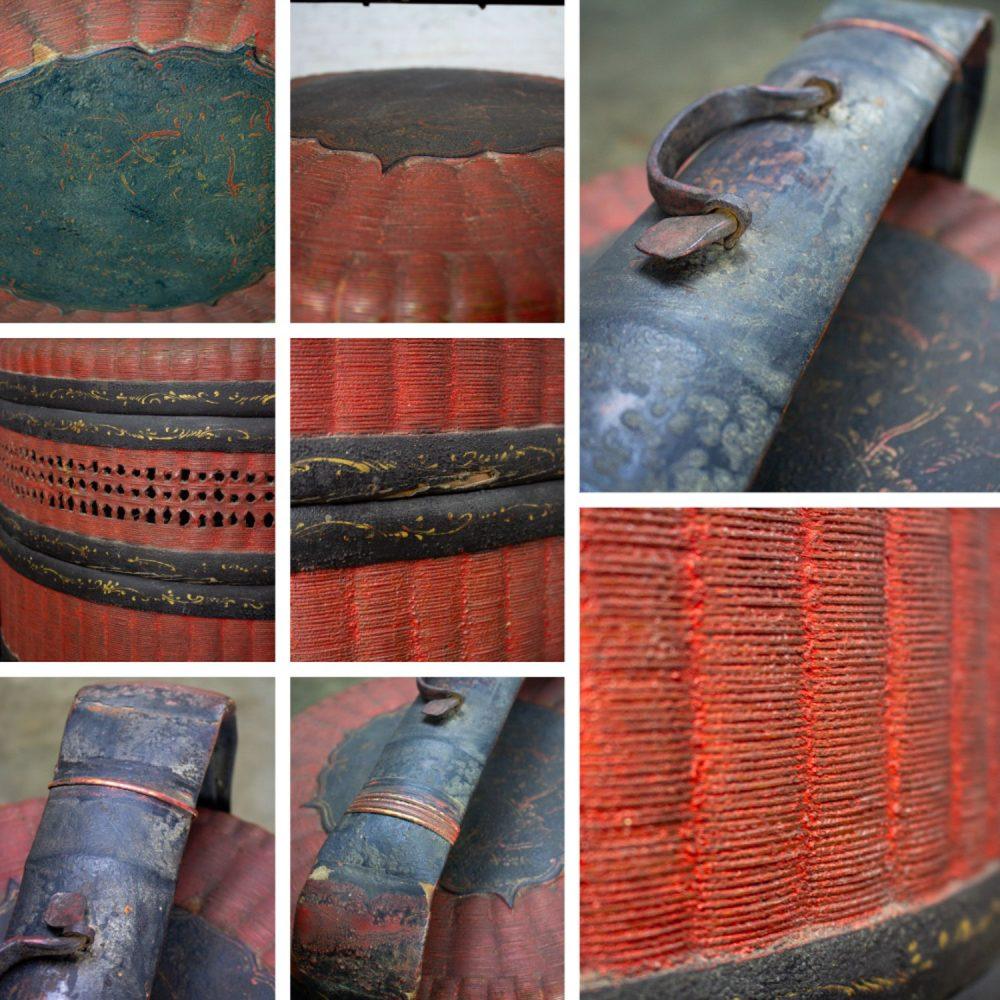 19th Century Antique Asian Red & Black Lacquer 4 Tier Woven Grass Stackable Chinese Wedding Basket
