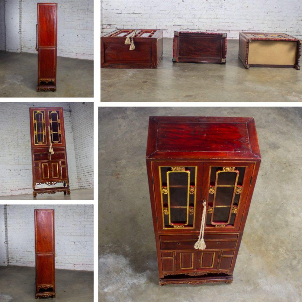 Late 19th to Early 20th Century Chinese Hand Carved & Gilded 3 Part Stacking Display or China Cabinet