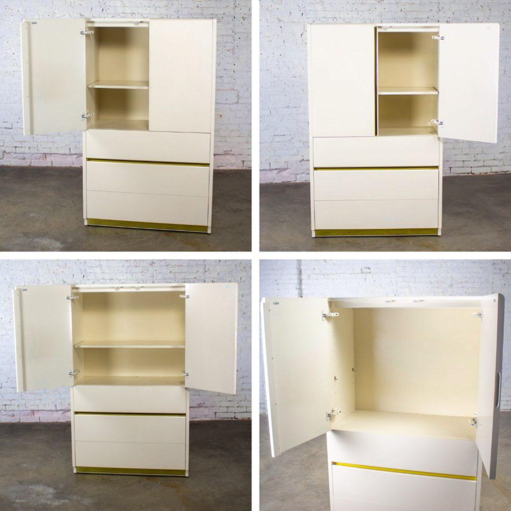 1990’s Modern to Postmodern Lane Furniture Wardrobe or Entertainment Center White Lacquer & Brass Trim