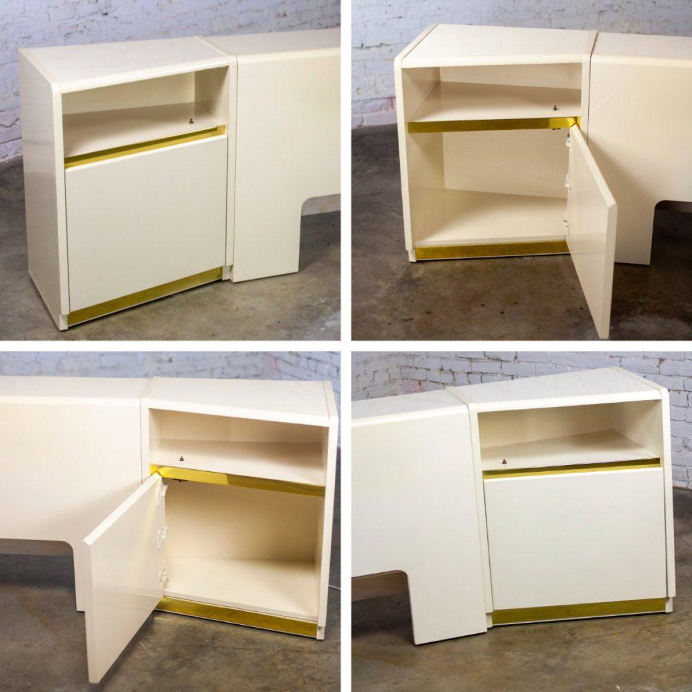 1990’s Modern to Postmodern Lane Furniture Queen Size Bed Headboard w/Nightstands White Lacquer & Brass