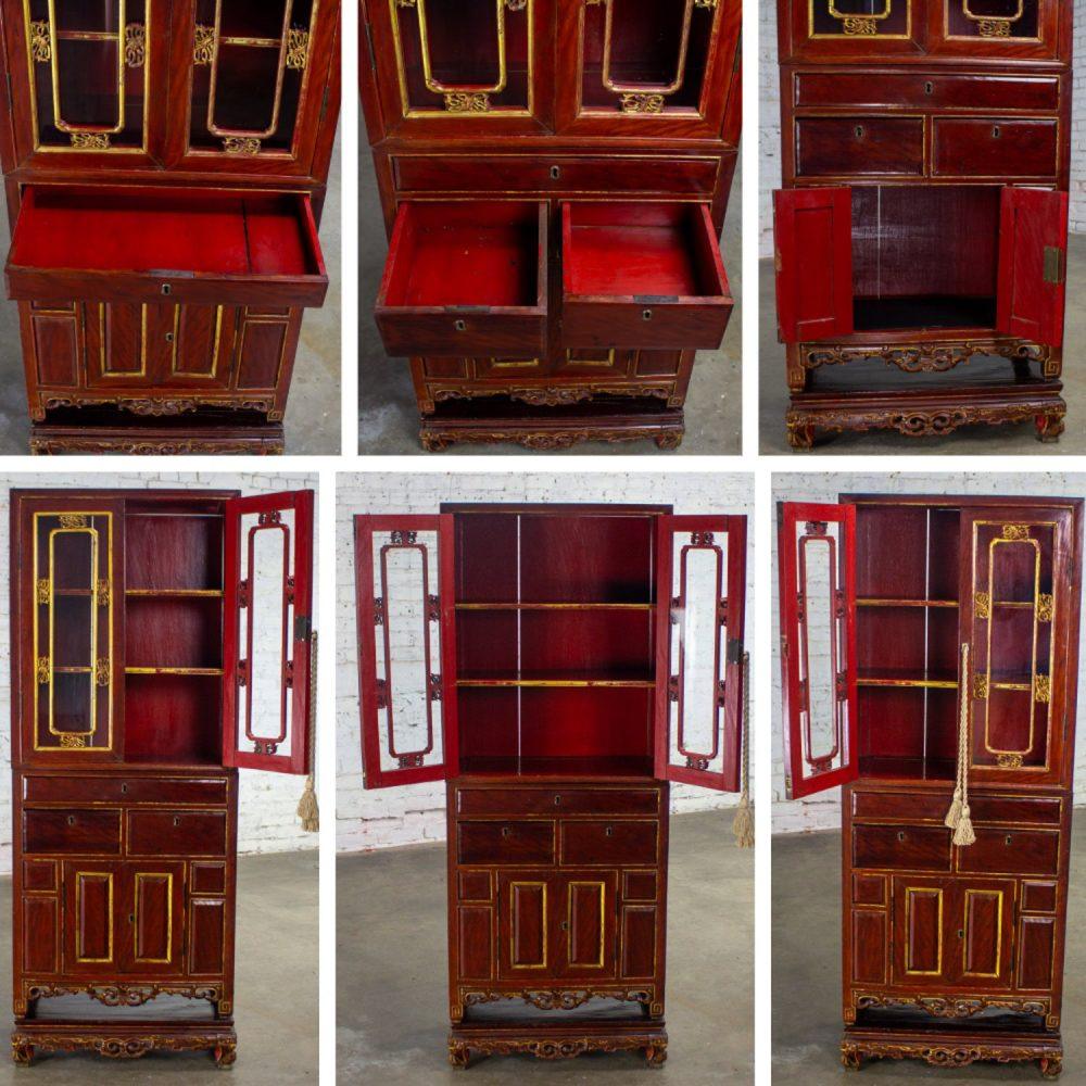 Late 19th to Early 20th Century Chinese Hand Carved & Gilded 3 Part Stacking Display or China Cabinet