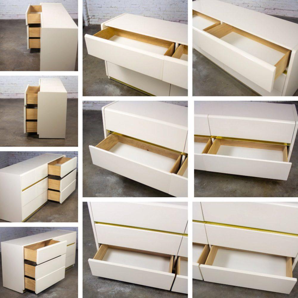 1990’s Modern to Postmodern Lane Furniture 6 Drawer Dresser or Buffet White Lacquer & Brass Trim