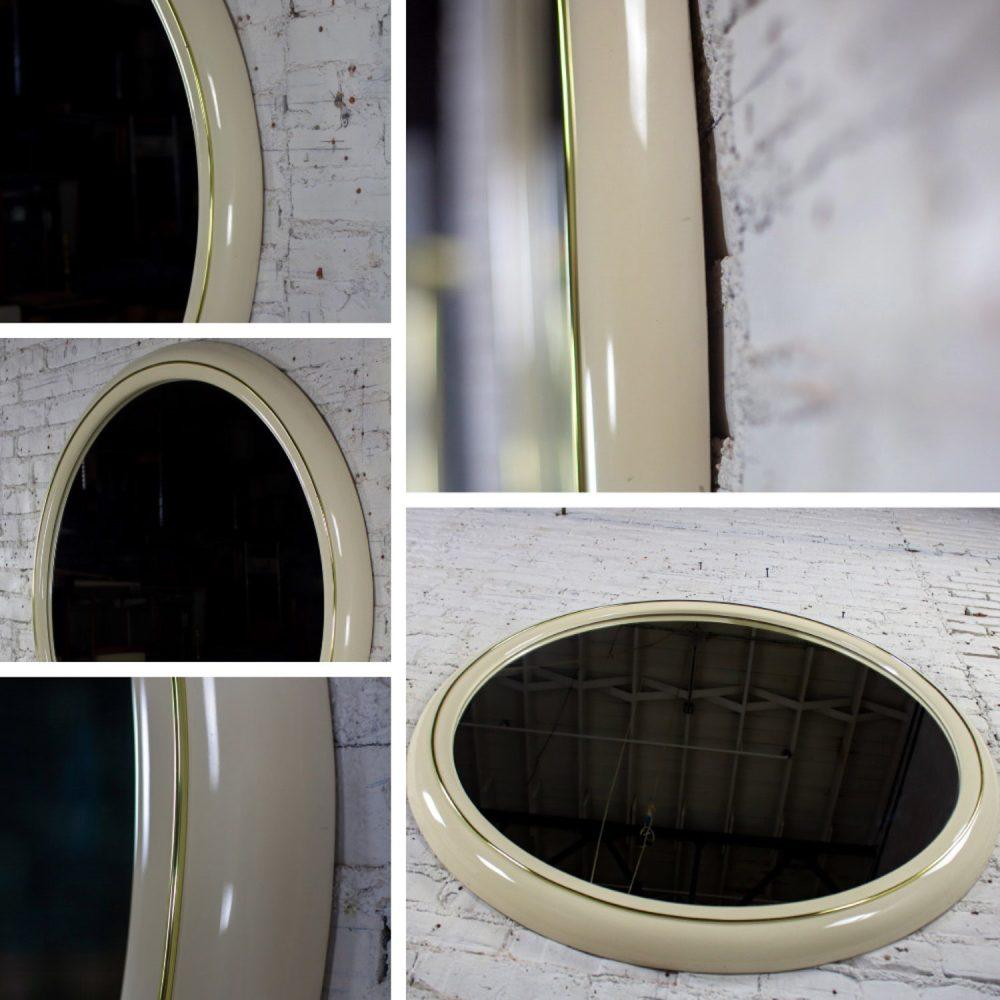 1990’s Modern to Postmodern Lane Furniture White Lacquer & Brass Trim Round Wall Mirror