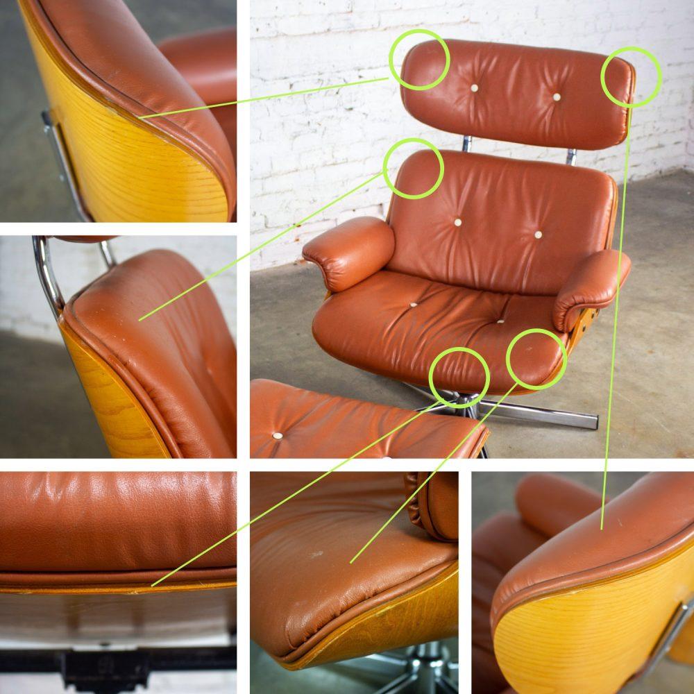 MCM Style Mid to Late 20th Century Plycraft Lounge Chair & Ottoman in Saddle Color Italian Leather