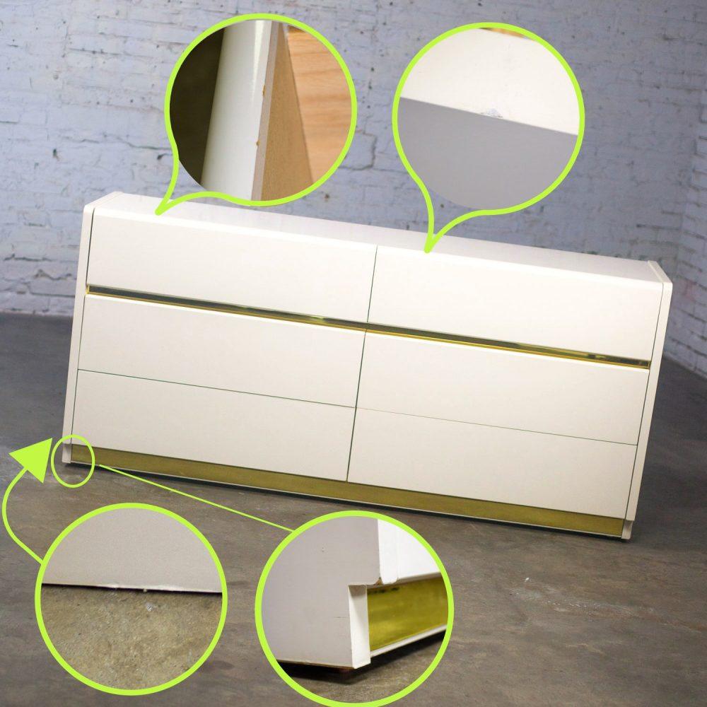 1990’s Modern to Postmodern Lane Furniture 6 Drawer Dresser or Buffet White Lacquer & Brass Trim