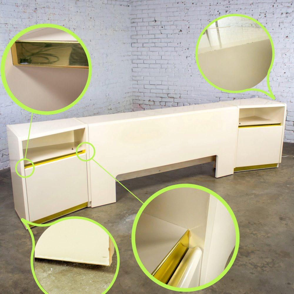 1990’s Modern to Postmodern Lane Furniture Queen Size Bed Headboard w/Nightstands White Lacquer & Brass