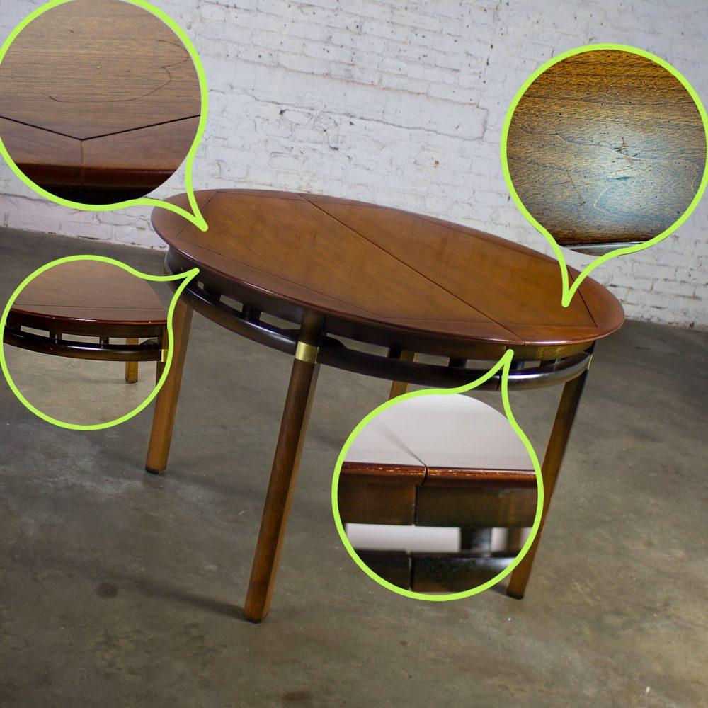 Mid-20th Century MCM to Campaign Style Round to Oval Expanding Dining Table Attributed to Tung Si Collection by Hickory Manufacturing