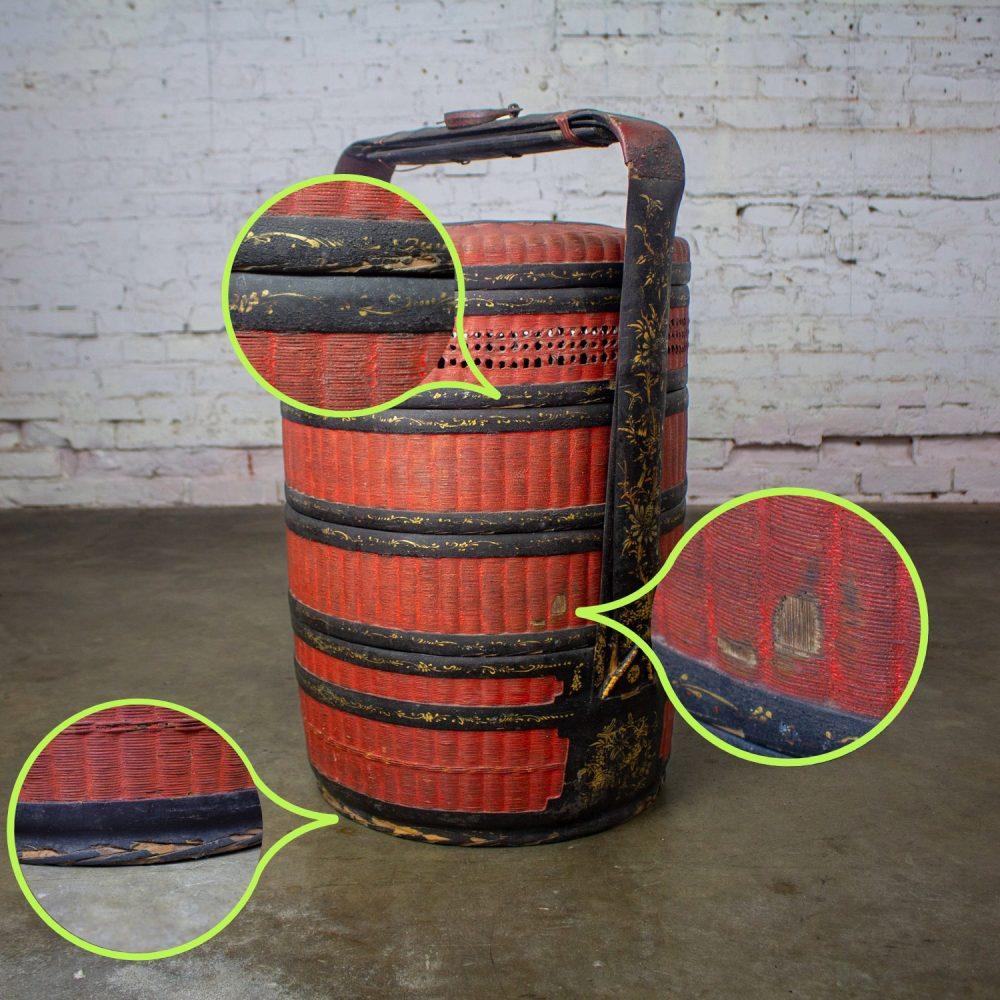 19th Century Antique Asian Red & Black Lacquer 4 Tier Woven Grass Stackable Chinese Wedding Basket