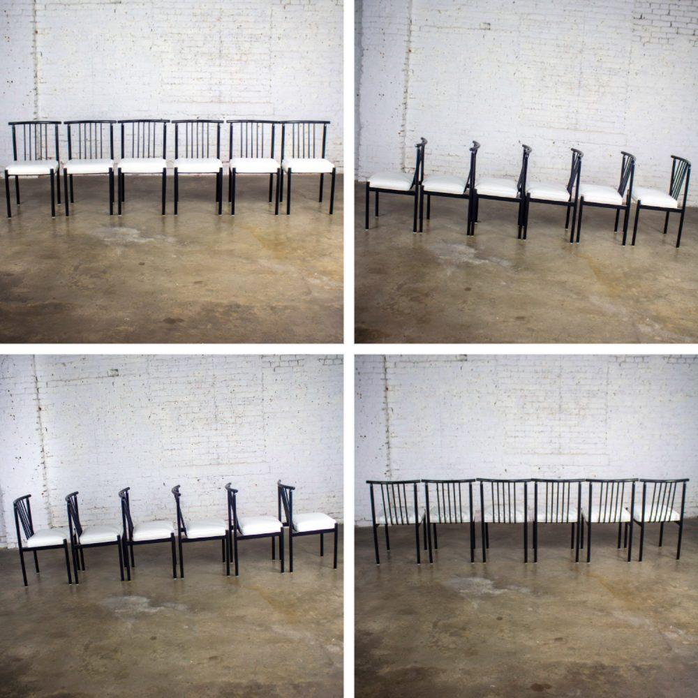 Mid to Late 20th Century MCM to Modern Set of 6 Dining Chairs w/Black Steel Frames & White Vinyl Seats