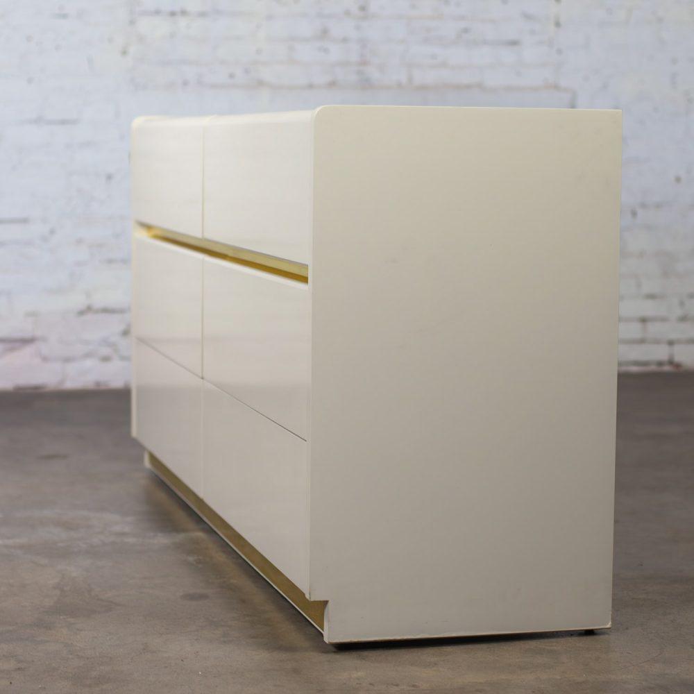 1990’s Modern to Postmodern Lane Furniture 6 Drawer Dresser or Buffet White Lacquer & Brass Trim