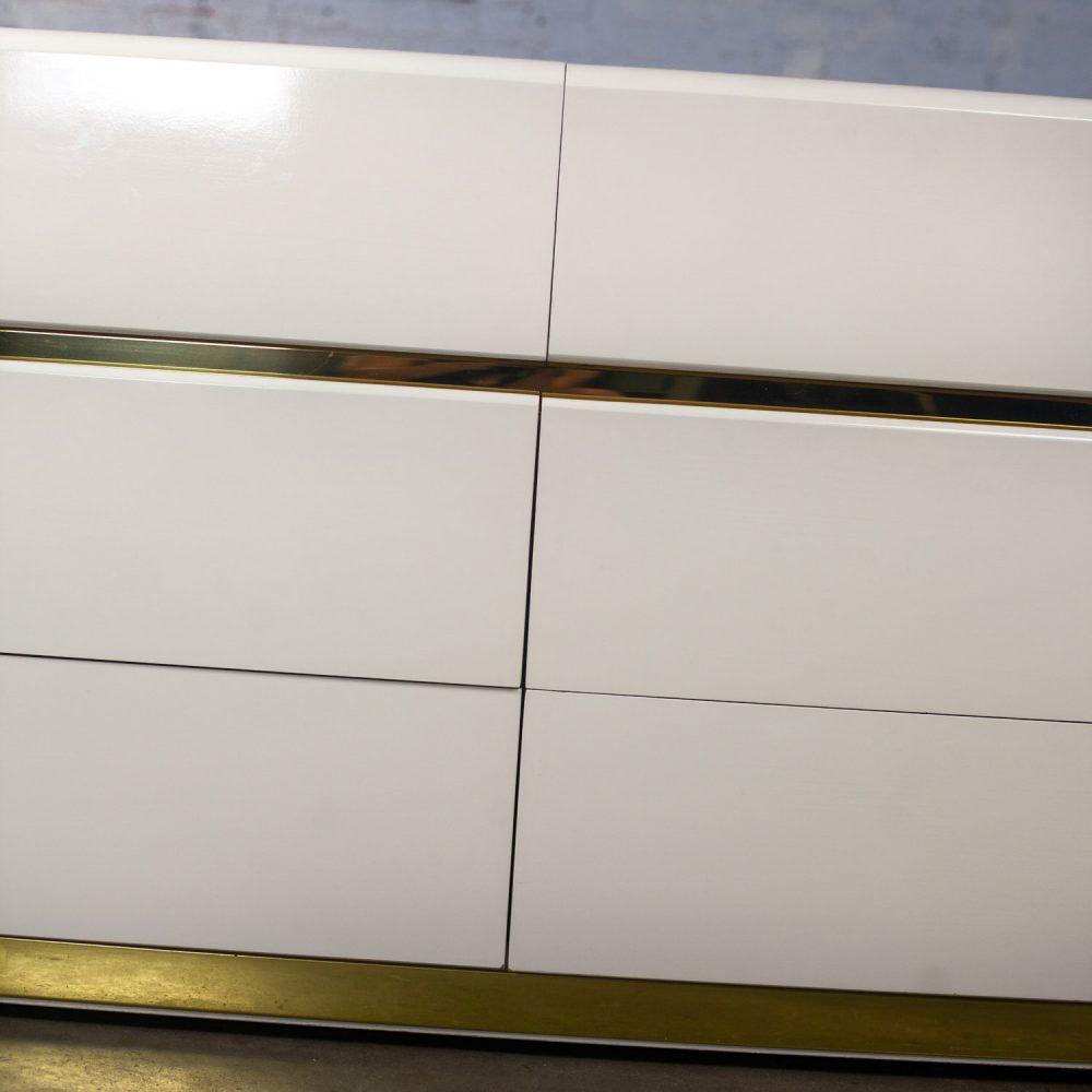 1990’s Modern to Postmodern Lane Furniture 6 Drawer Dresser or Buffet White Lacquer & Brass Trim