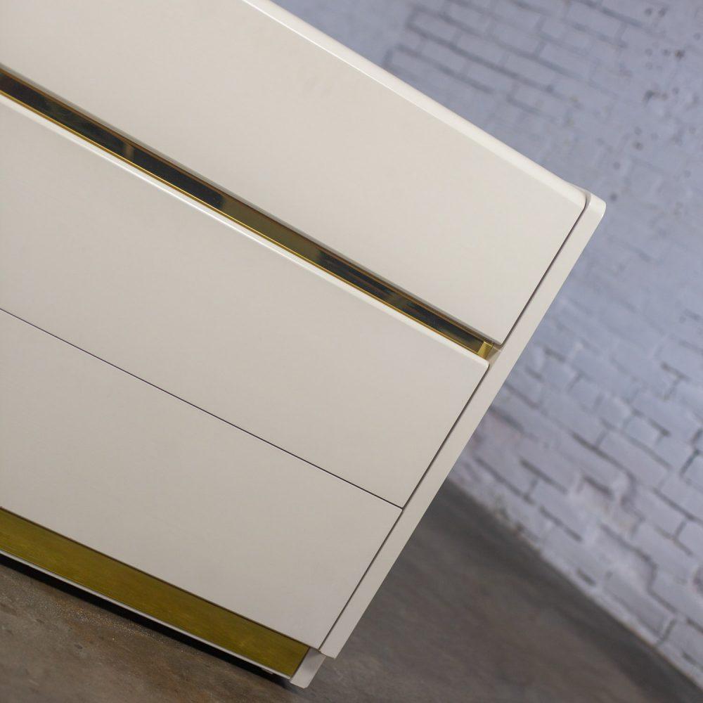 1990’s Modern to Postmodern Lane Furniture 6 Drawer Dresser or Buffet White Lacquer & Brass Trim