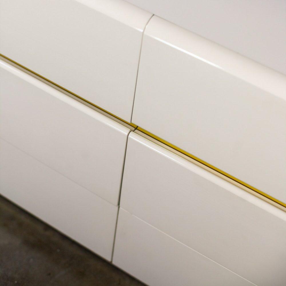 1990’s Modern to Postmodern Lane Furniture 6 Drawer Dresser or Buffet White Lacquer & Brass Trim