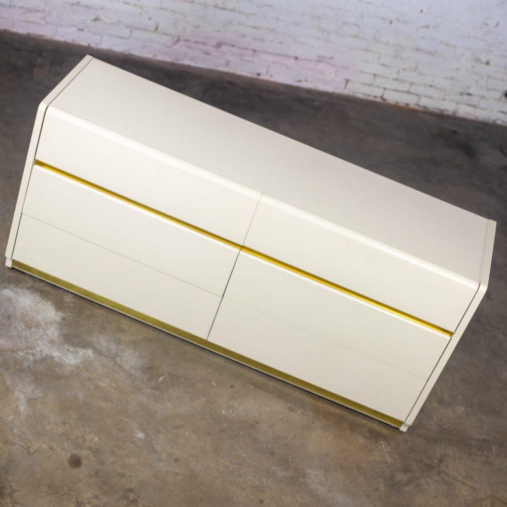1990’s Modern to Postmodern Lane Furniture 6 Drawer Dresser or Buffet White Lacquer & Brass Trim