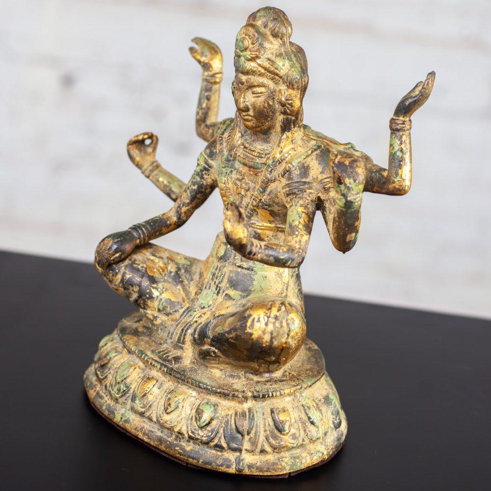 20th Century Asian Gilded & Patinated Cast Iron 6-Armed Deity Vasudhara Buddhist Sculpture