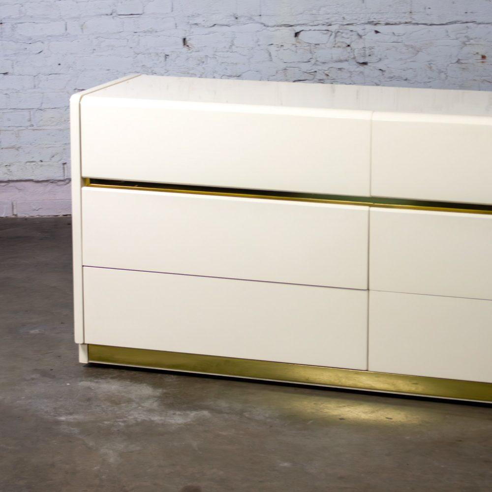 1990’s Modern to Postmodern Lane Furniture 6 Drawer Dresser or Buffet White Lacquer & Brass Trim