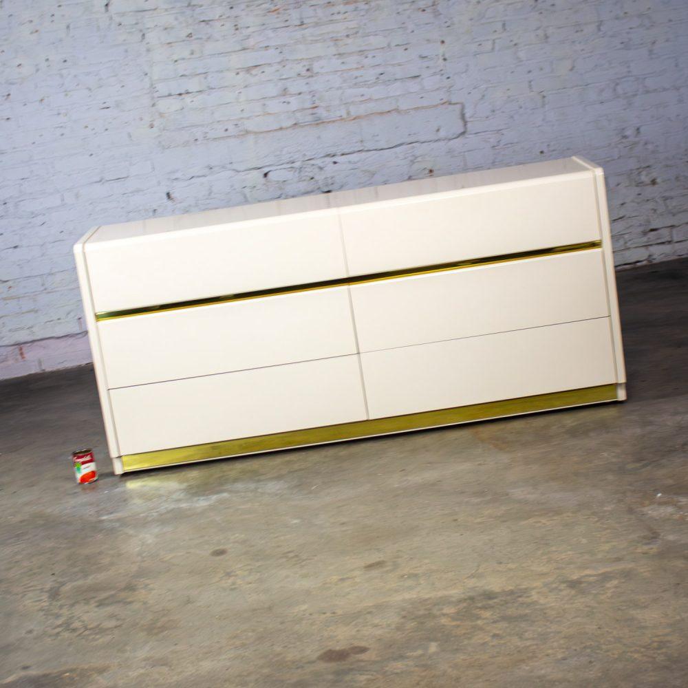 1990’s Modern to Postmodern Lane Furniture 6 Drawer Dresser or Buffet White Lacquer & Brass Trim
