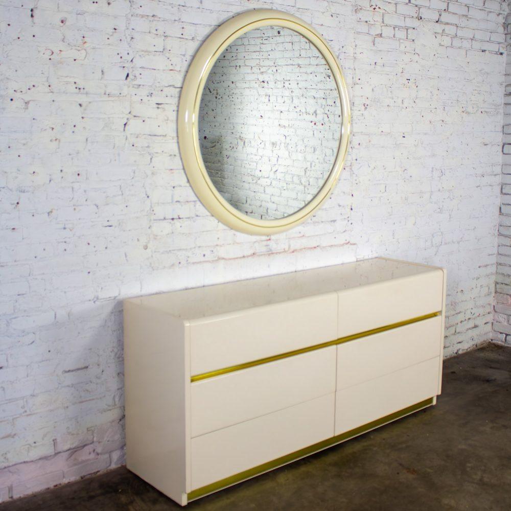 1990’s Modern to Postmodern Lane Furniture 6 Drawer Dresser or Buffet White Lacquer & Brass Trim