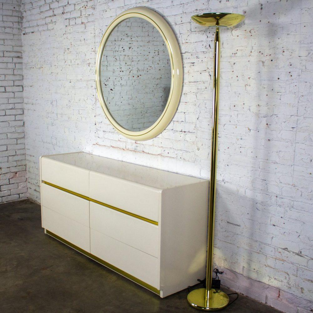1990’s Modern to Postmodern Lane Furniture White Lacquer & Brass Trim Round Wall Mirror