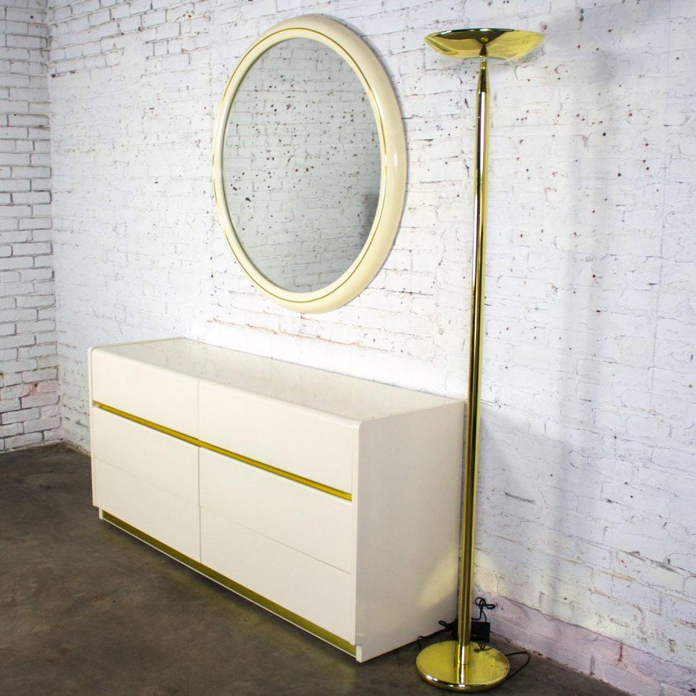 1990’s Modern to Postmodern Lane Furniture 6 Drawer Dresser or Buffet White Lacquer & Brass Trim