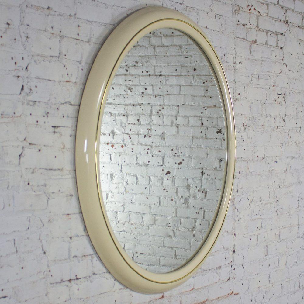 1990’s Modern to Postmodern Lane Furniture White Lacquer & Brass Trim Round Wall Mirror