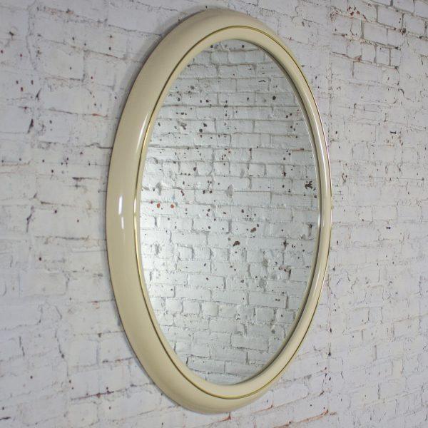 1990’s Modern to Postmodern Lane Furniture White Lacquer & Brass Trim Round Wall Mirror