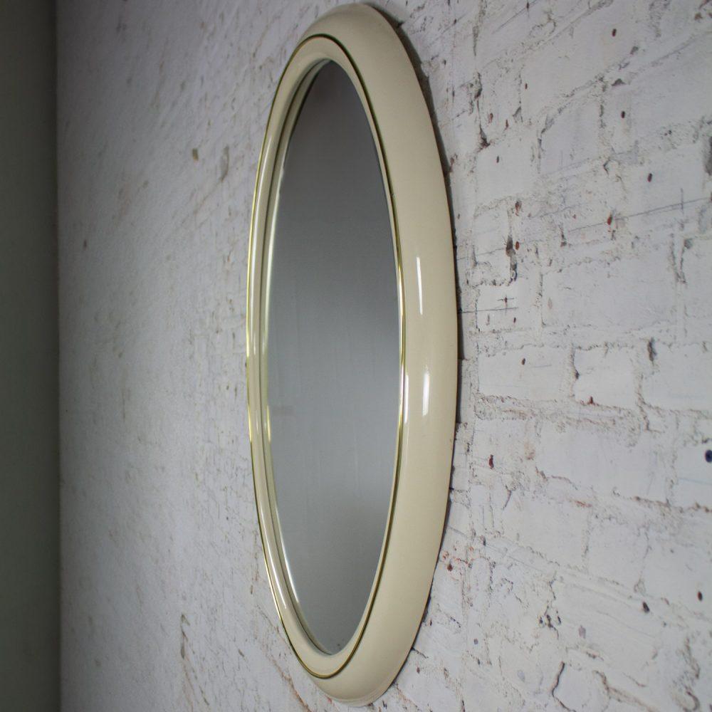 1990’s Modern to Postmodern Lane Furniture White Lacquer & Brass Trim Round Wall Mirror
