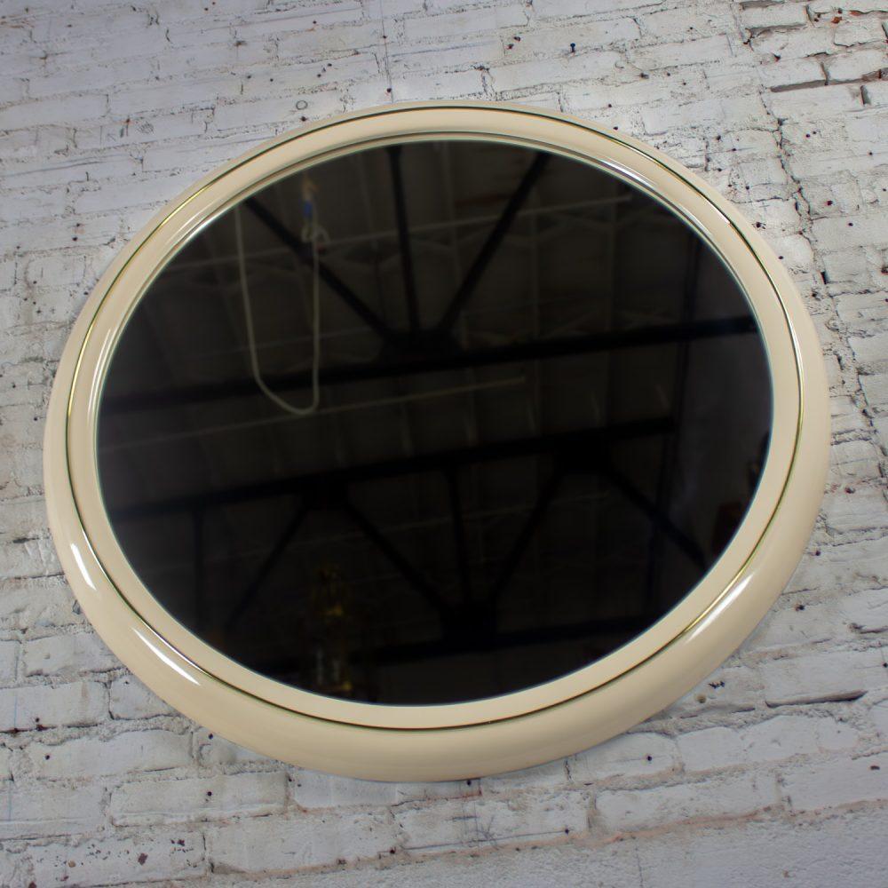 1990’s Modern to Postmodern Lane Furniture White Lacquer & Brass Trim Round Wall Mirror
