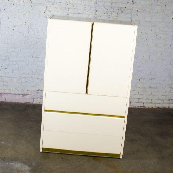 1990’s Modern to Postmodern Lane Furniture Wardrobe or Entertainment Center White Lacquer & Brass Trim