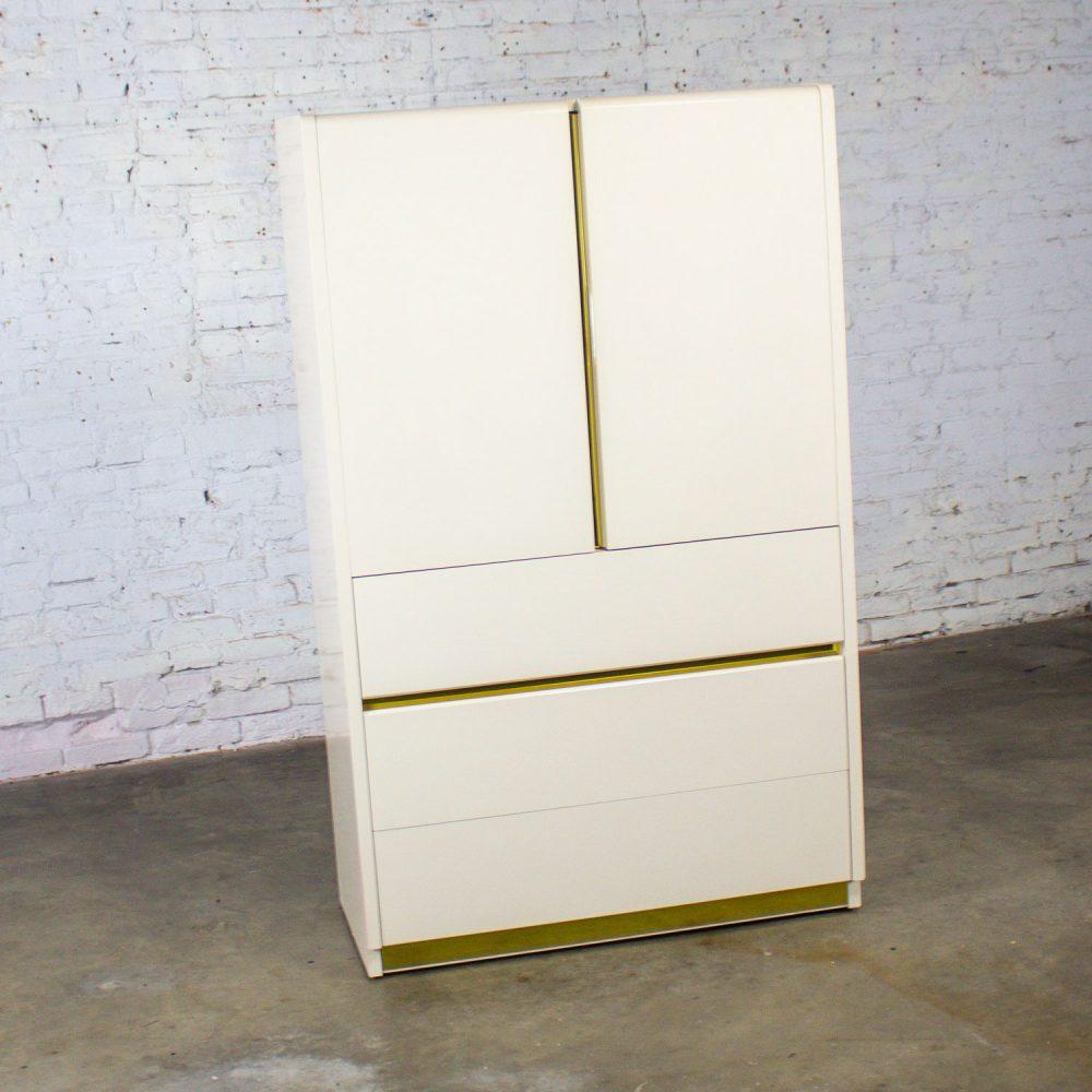 1990’s Modern to Postmodern Lane Furniture Wardrobe or Entertainment Center White Lacquer & Brass Trim