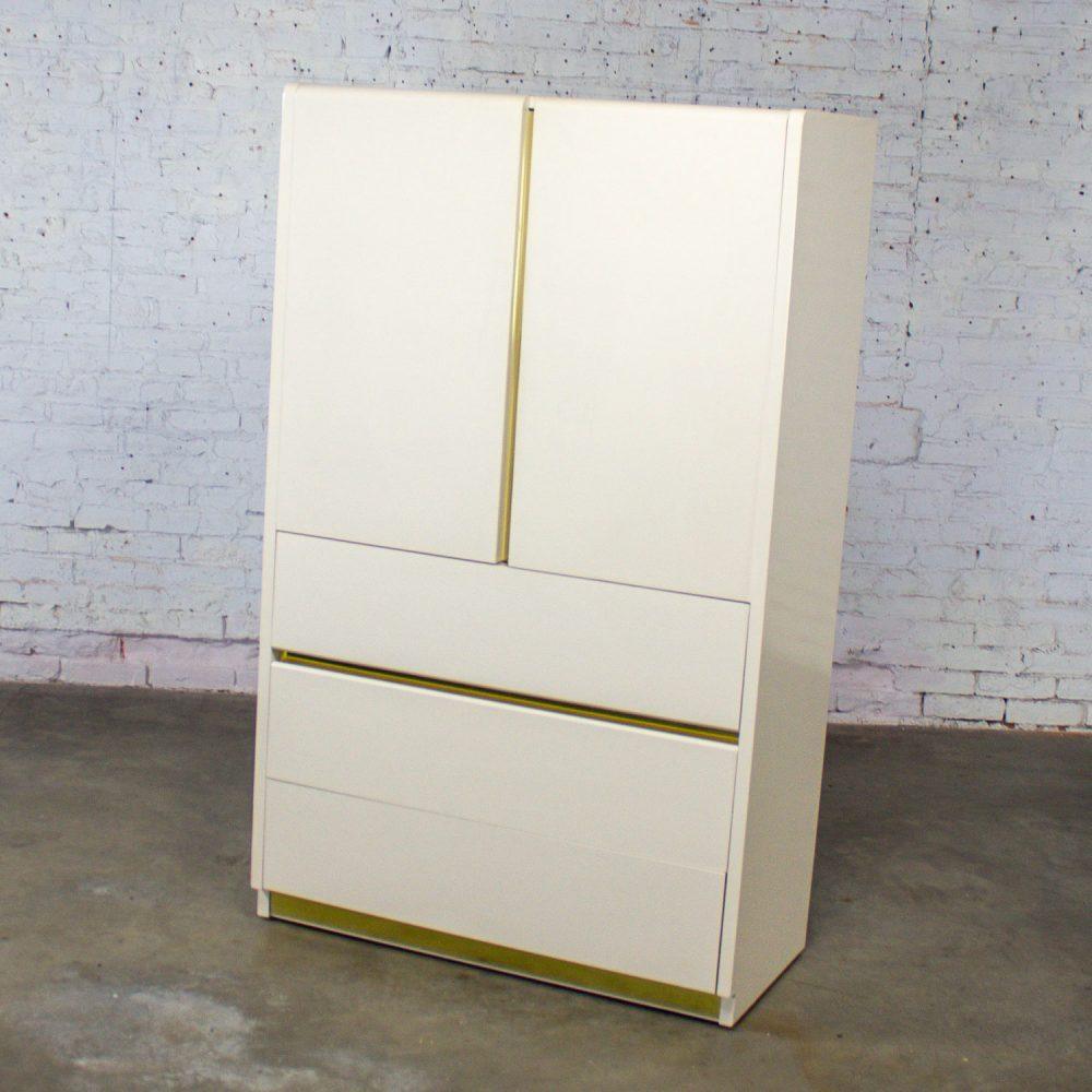 1990’s Modern to Postmodern Lane Furniture Wardrobe or Entertainment Center White Lacquer & Brass Trim
